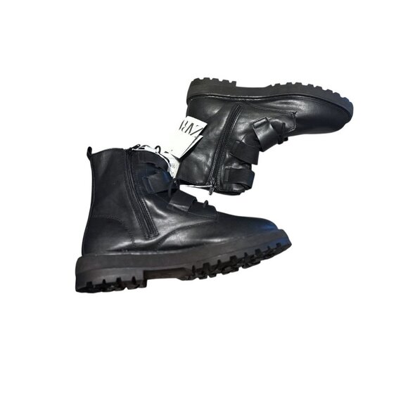 Zara Black Leather Combat Boots With Triple Buckles & Side Zipper EU 37 NWOB - Picture 6 of 8